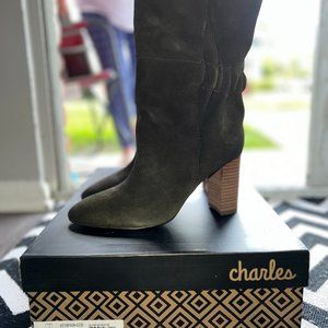 Charles By David Mid Calf Heel Suede Boots Olive Green 7.5
